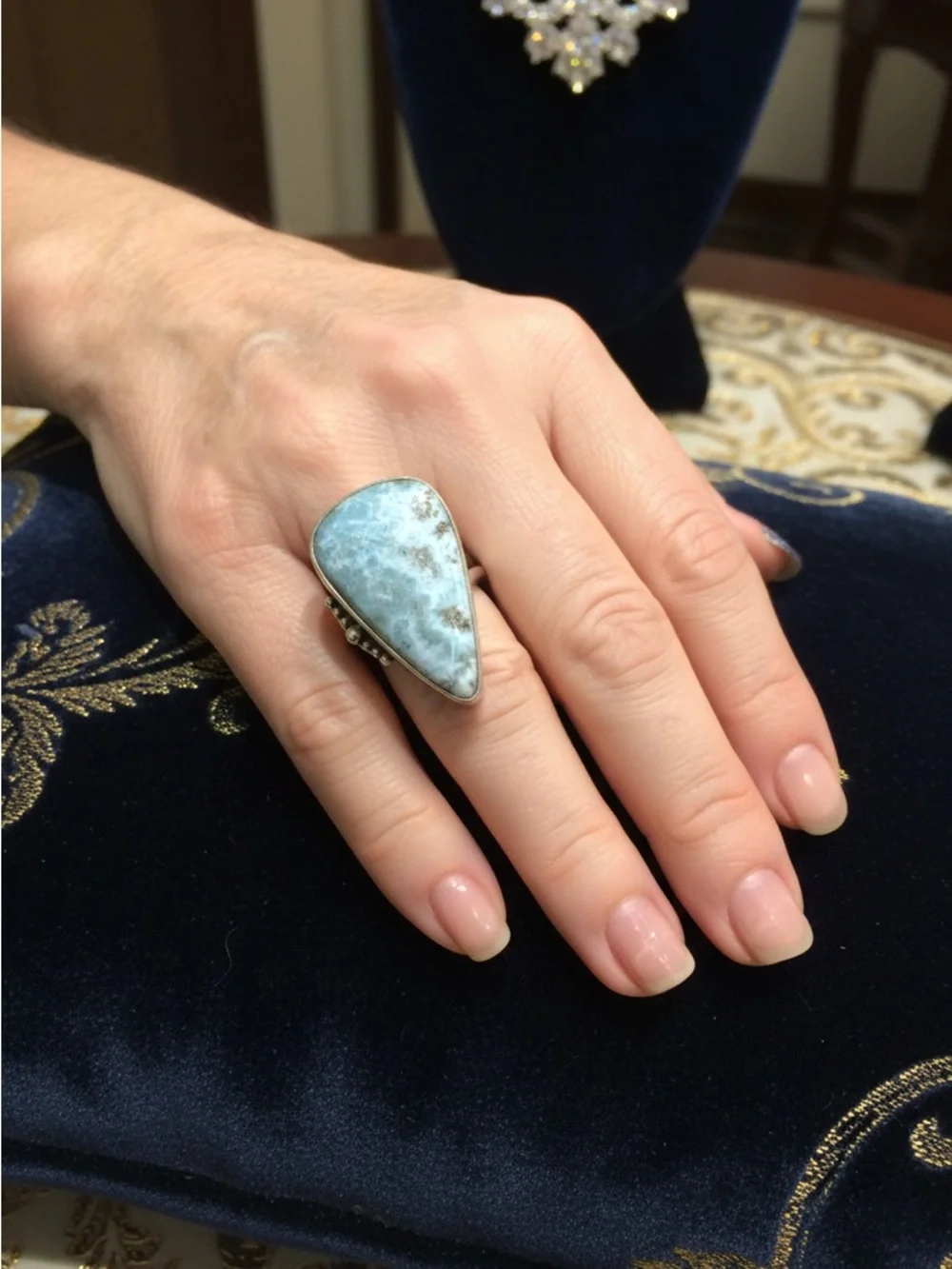 Handcrafted sterling Silver Ring with Light Blue natural larimar Teardrop‎ Stone